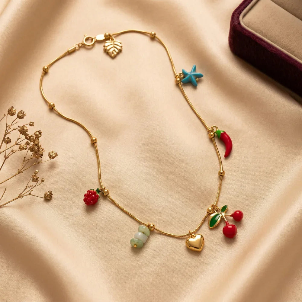 Gold Plated Charm Necklace for Women | Heart, Cherry, Starfish & Fruit Charms Chain | Colorful Trendy Pendant Necklace | Fashion Jewelry for Girls