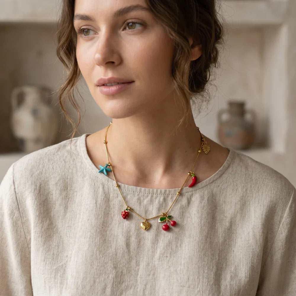 Gold Plated Charm Necklace for Women | Heart, Cherry, Starfish & Fruit Charms Chain | Colorful Trendy Pendant Necklace | Fashion Jewelry for Girls