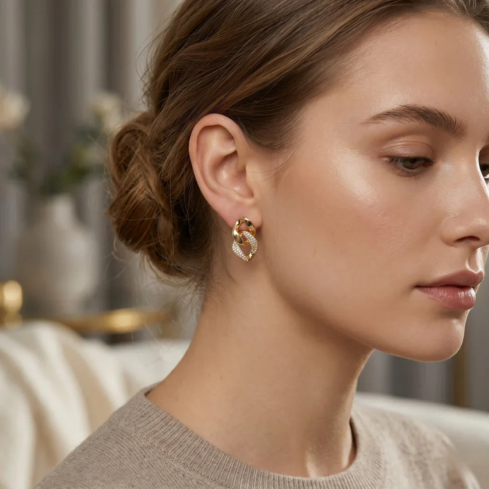 Gold Plated Interlinked Geometric Stud Earrings for Women | Crystal Embedded Designer Earrings | Trendy Fashion Jewelry | Party Wear Earrings for Girls & Women