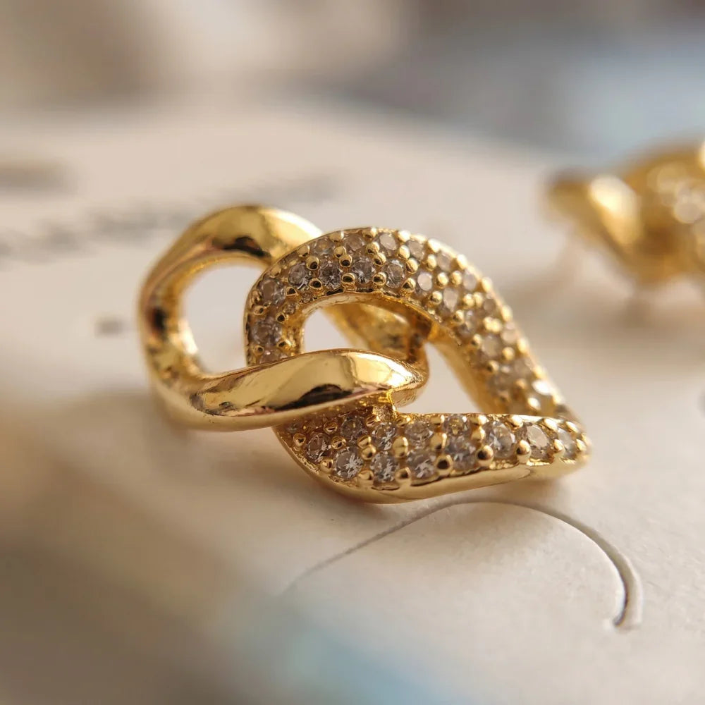 Gold Plated Interlinked Geometric Stud Earrings for Women | Crystal Embedded Designer Earrings | Trendy Fashion Jewelry | Party Wear Earrings for Girls & Women