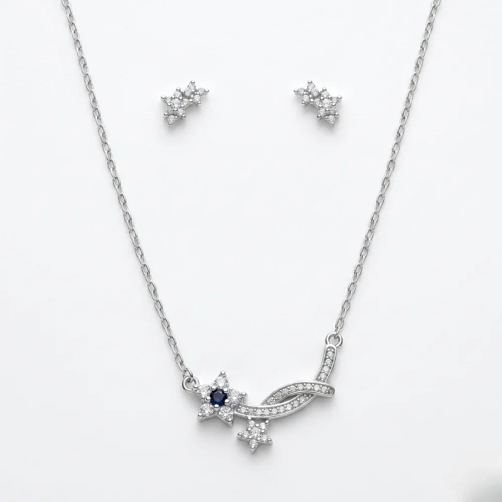 Silver Plated Star Pendant Necklace Set with Earrings for Women | Crystal Star Charm Necklace | Elegant Designer Jewelry Set for Girls | Party Wear & Gift Set