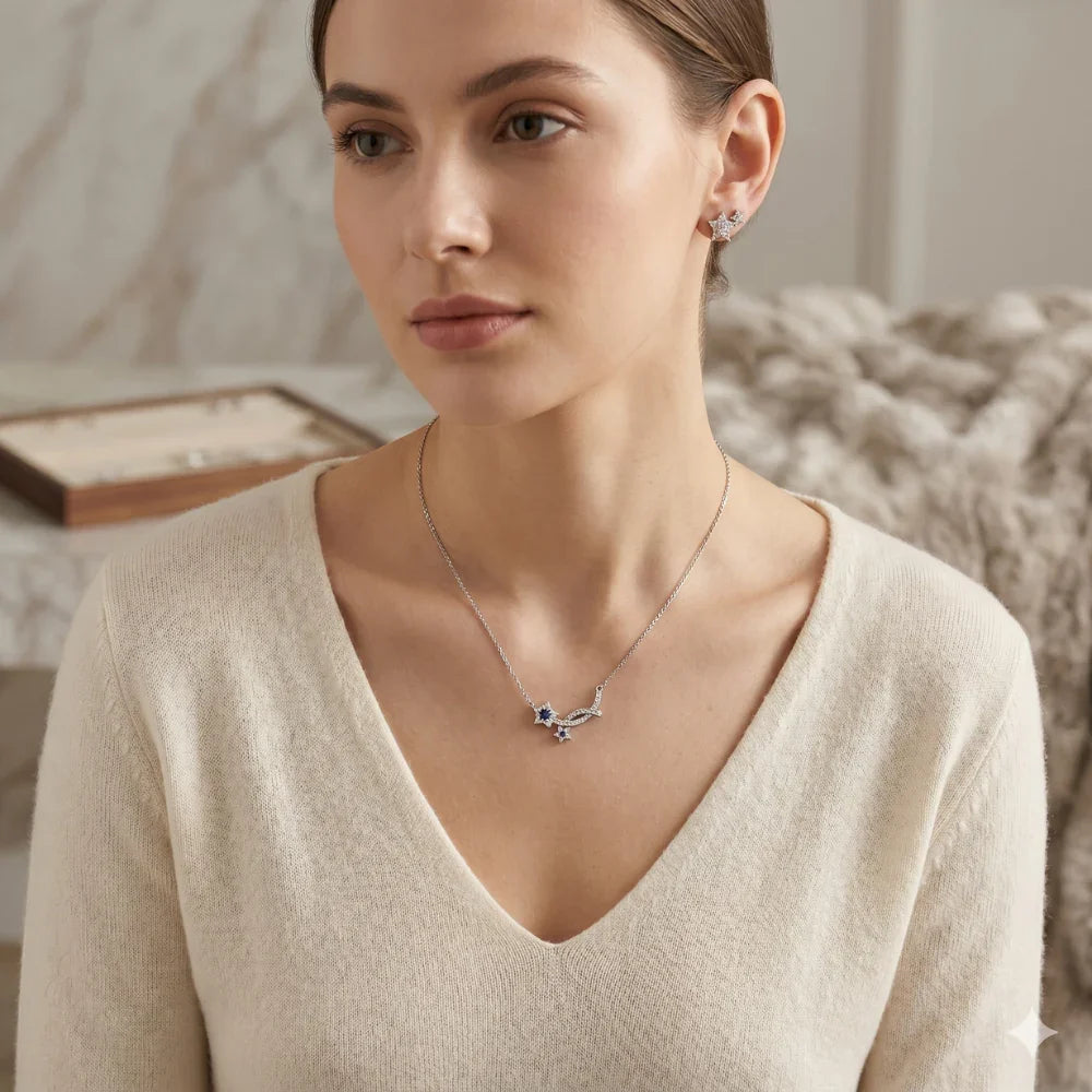 Silver Plated Star Pendant Necklace Set with Earrings for Women | Crystal Star Charm Necklace | Elegant Designer Jewelry Set for Girls | Party Wear & Gift Set