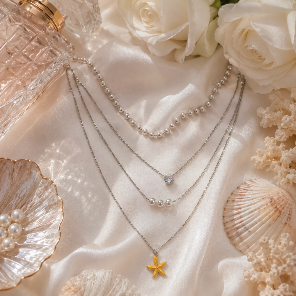 Ocean Pearl Layered Necklace for Women | Multi Layer Silver Chain with Pearl & Starfish Pendant | Beach Style Fashion Jewelry
