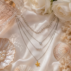 Ocean Pearl Layered Necklace for Women | Multi Layer Silver Chain with Pearl & Starfish Pendant | Beach Style Fashion Jewelry