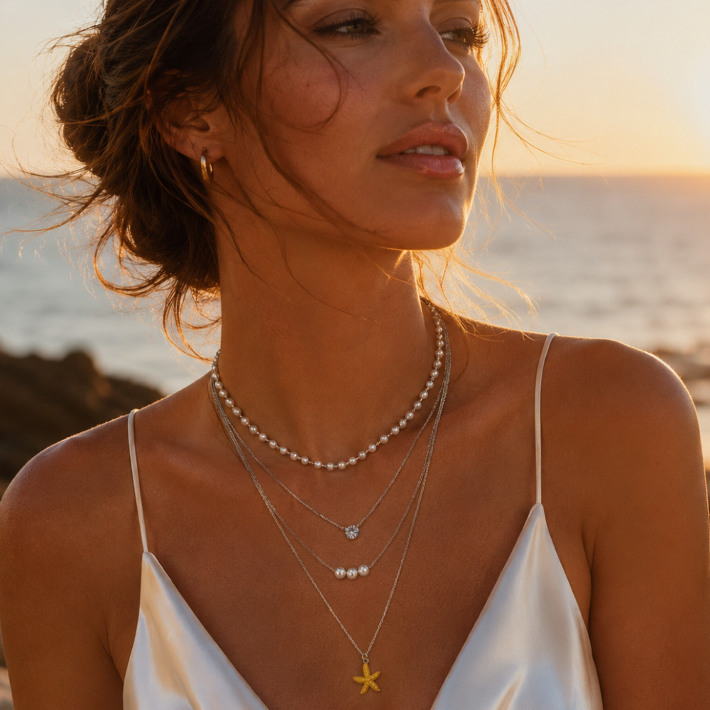 Ocean Pearl Layered Necklace for Women | Multi Layer Silver Chain with Pearl & Starfish Pendant | Beach Style Fashion Jewelry