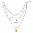 Ocean Pearl Layered Necklace for Women | Multi Layer Silver Chain with Pearl & Starfish Pendant | Beach Style Fashion Jewelry