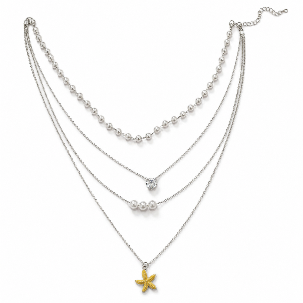 Ocean Pearl Layered Necklace for Women | Multi Layer Silver Chain with Pearl & Starfish Pendant | Beach Style Fashion Jewelry