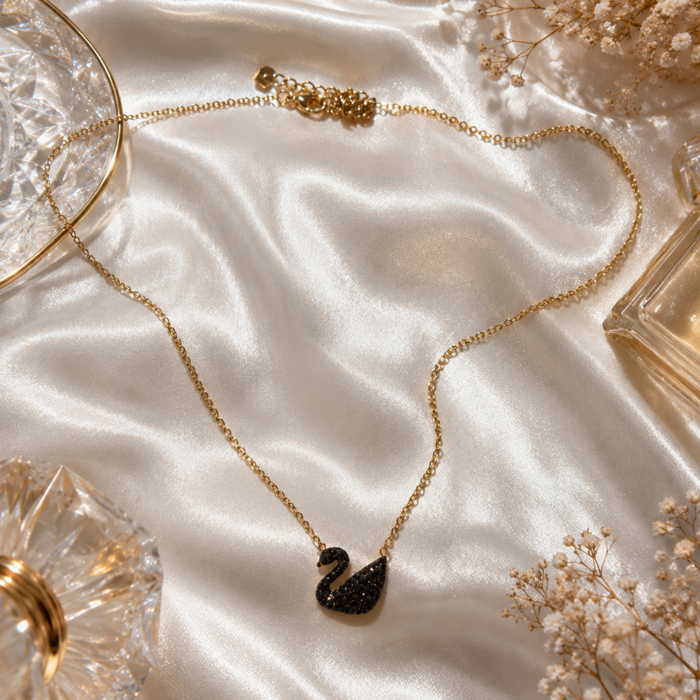 Black Swan Crystal Pendant Necklace for Women | Elegant Gold Chain Necklace | Luxury Minimal Fashion Jewelry
