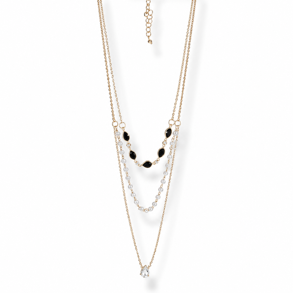 Luxury Layered Pearl & Black Stone Necklace for Women | Gold Multi Layer Crystal Pendant Necklace | Elegant Fashion Jewelry