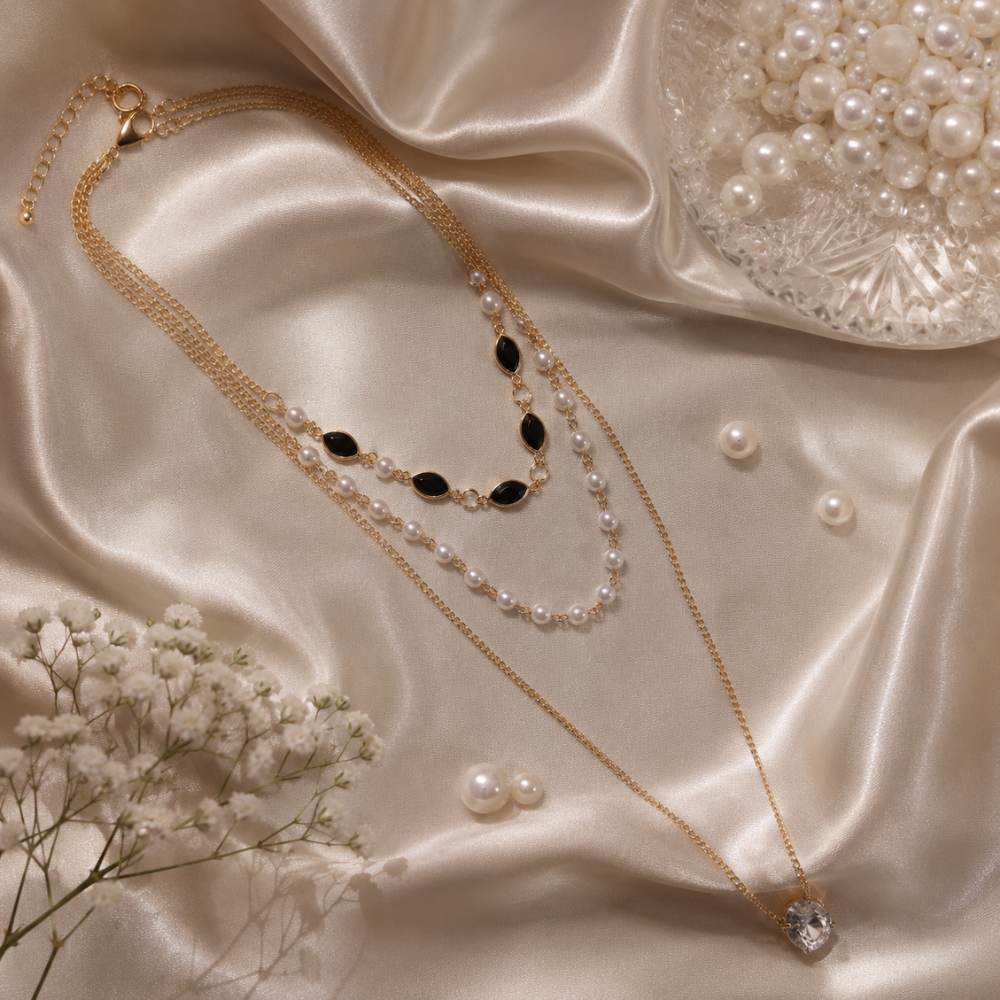 Luxury Layered Pearl & Black Stone Necklace for Women | Gold Multi Layer Crystal Pendant Necklace | Elegant Fashion Jewelry