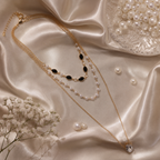 Luxury Layered Pearl & Black Stone Necklace for Women | Gold Multi Layer Crystal Pendant Necklace | Elegant Fashion Jewelry