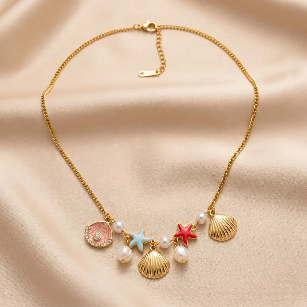Gold Plated Beach Charm Necklace for Women | Seashell, Starfish & Pearl Pendant Necklace | Colorful Ocean Theme Jewelry | Trendy Fashion Necklace for Girls