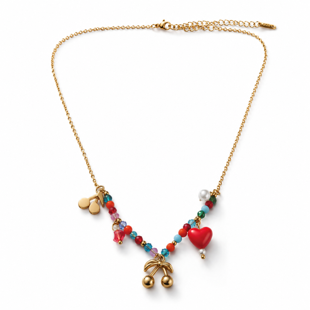 Colorful Beaded Heart & Cherry Charm Necklace for Women | Cute Gold Chain Statement Necklace | Trendy Aesthetic Jewelry