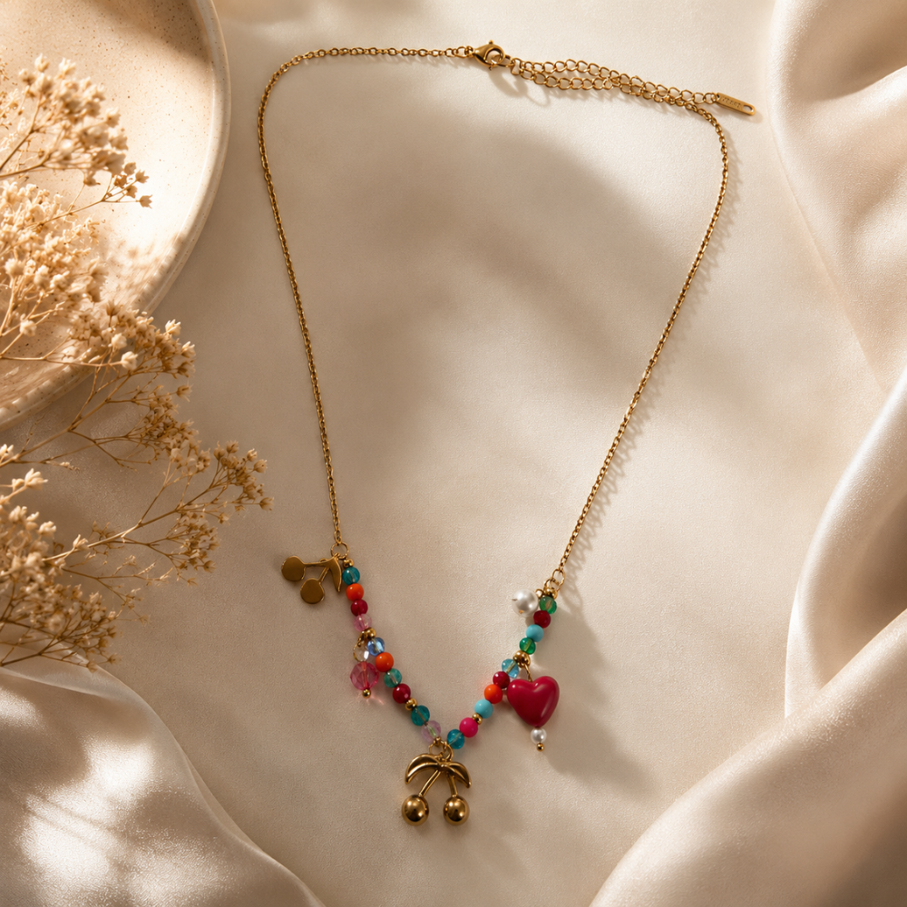 Colorful Beaded Heart & Cherry Charm Necklace for Women | Cute Gold Chain Statement Necklace | Trendy Aesthetic Jewelry