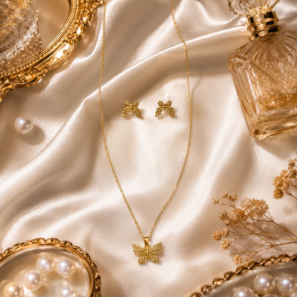 Luxury Butterfly Pendant Necklace & Earrings Set for Women | Gold Butterfly Jewelry Set | Elegant Fashion Accessories