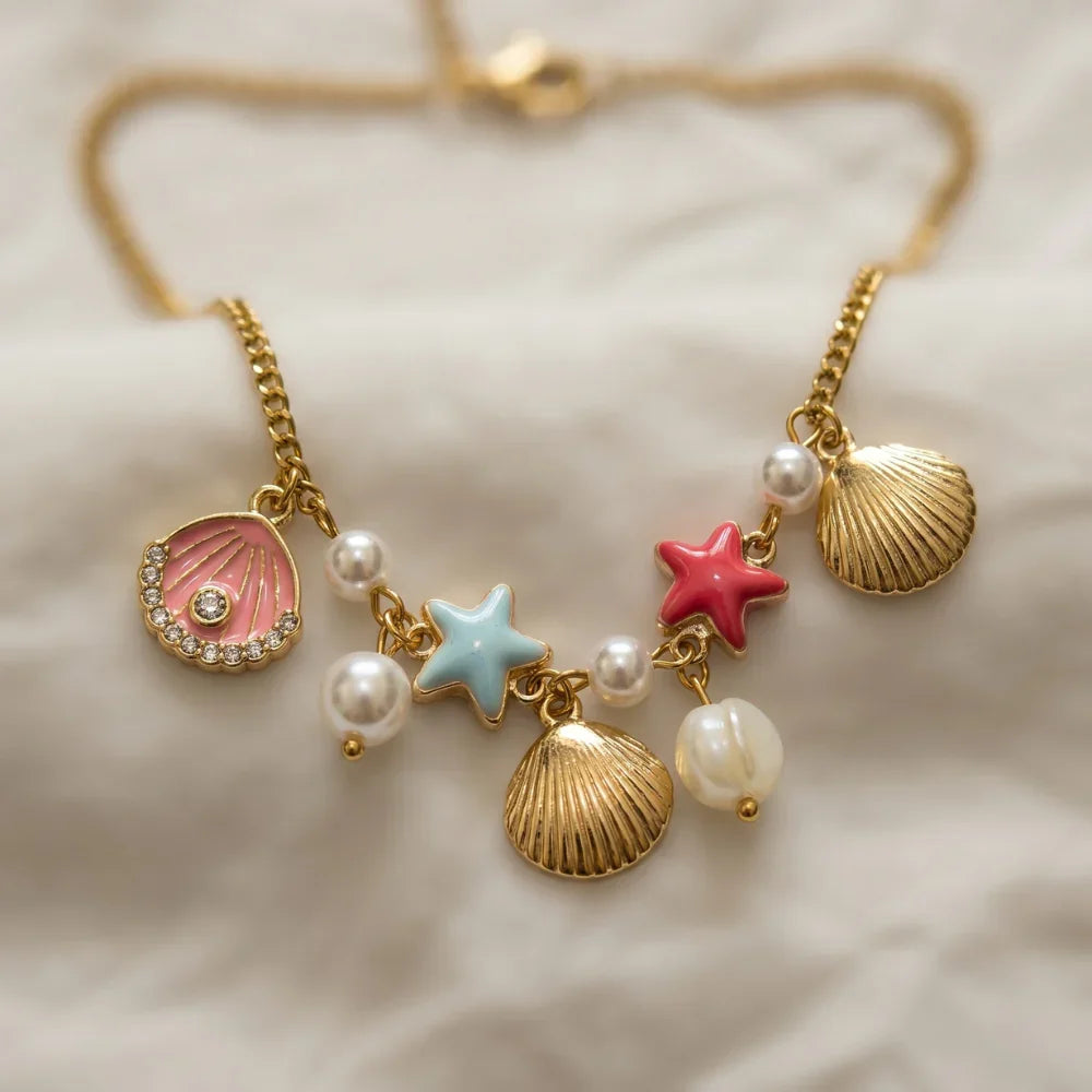 Gold Plated Beach Charm Necklace for Women | Seashell, Starfish & Pearl Pendant Necklace | Colorful Ocean Theme Jewelry | Trendy Fashion Necklace for Girls
