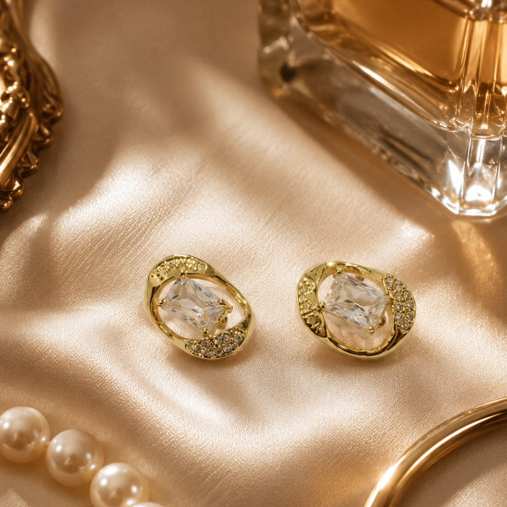 Luxury Crystal Stud Earrings for Women | Gold Plated Geometric Earrings | Elegant Party Wear Jewelry