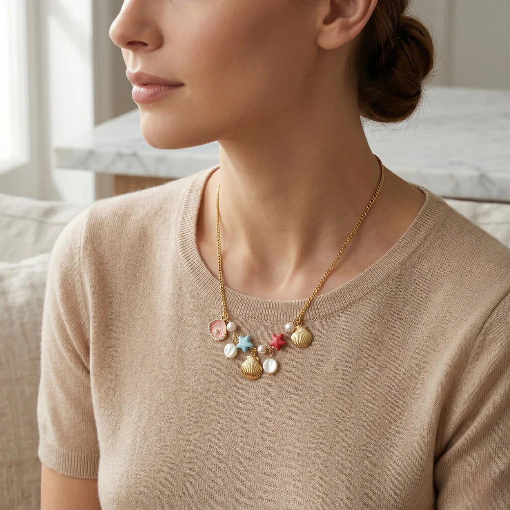 Gold Plated Beach Charm Necklace for Women | Seashell, Starfish & Pearl Pendant Necklace | Colorful Ocean Theme Jewelry | Trendy Fashion Necklace for Girls