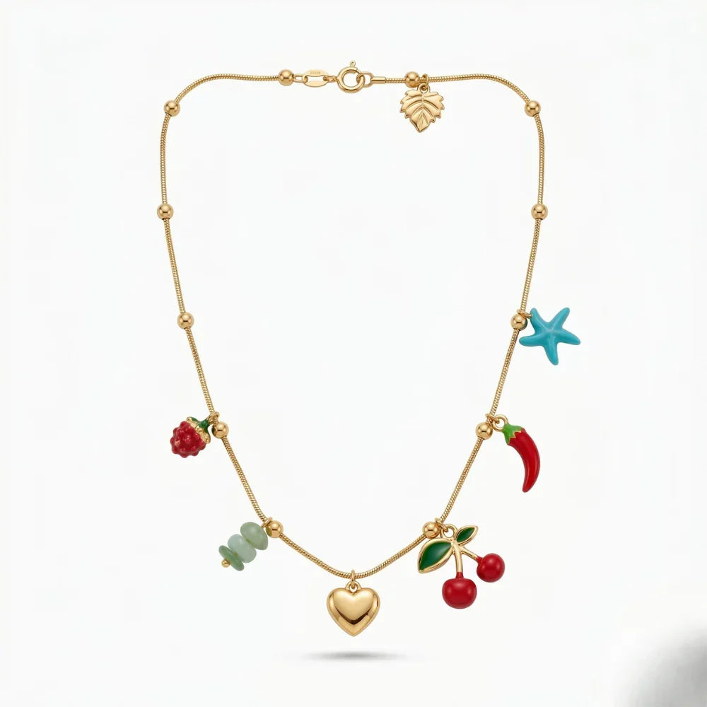 Gold Plated Charm Necklace for Women | Heart, Cherry, Starfish & Fruit Charms Chain | Colorful Trendy Pendant Necklace | Fashion Jewelry for Girls